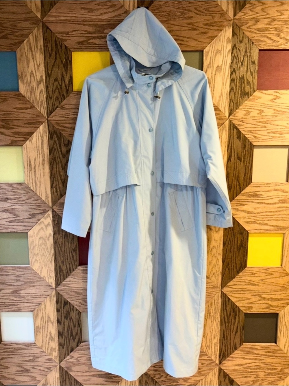 Vintage 80s L.L. Bean Full Length Raincoat Light Blue Hooded Long Trench Coat XL - Picture 2 of 16